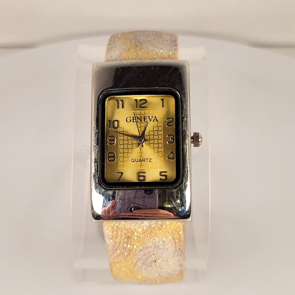 Geneva Silver Yellow Quartz Watch with Glittery Sparkle Cuff Bracelet Design